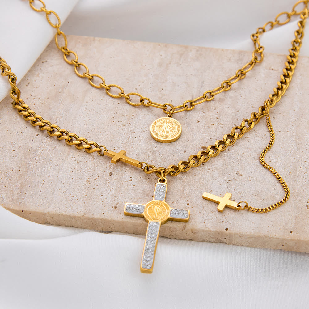 Christianartworkshop Layered Necklace Style St. Benedict Cross Pendant Mixed Chain Necklace - image 1