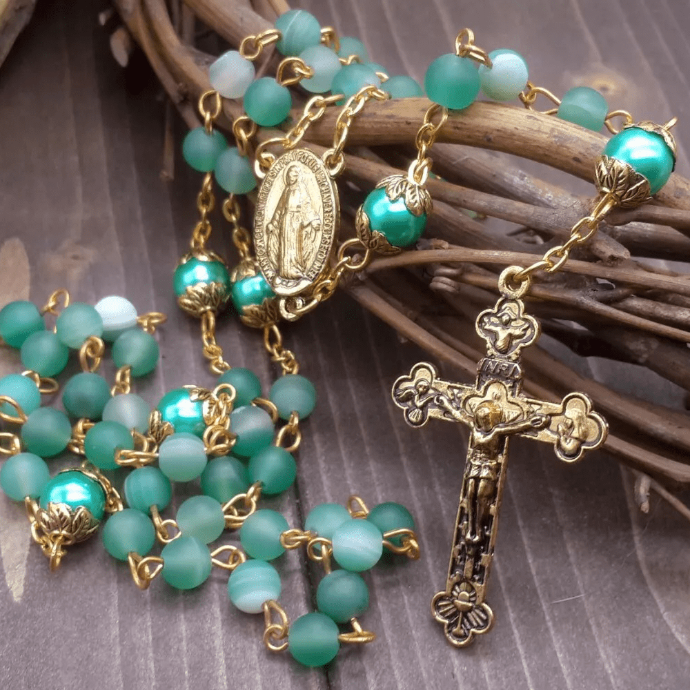 Christianartworkshop Miraculous Medal & Crucifix of 6 mm Round Green Crystal Alloy Chain Rosary - Green - image 1