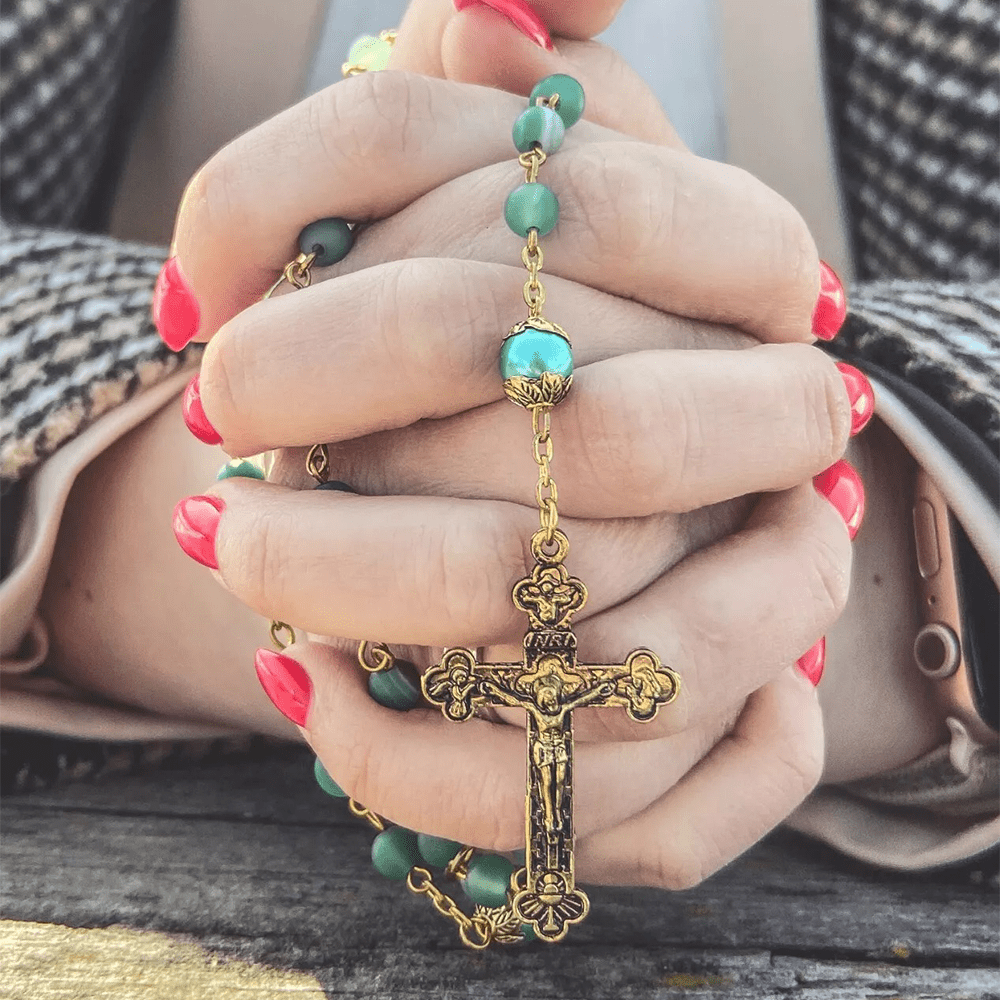 Christianartworkshop Miraculous Medal & Crucifix of 6 mm Round Green Crystal Alloy Chain Rosary - image 4
