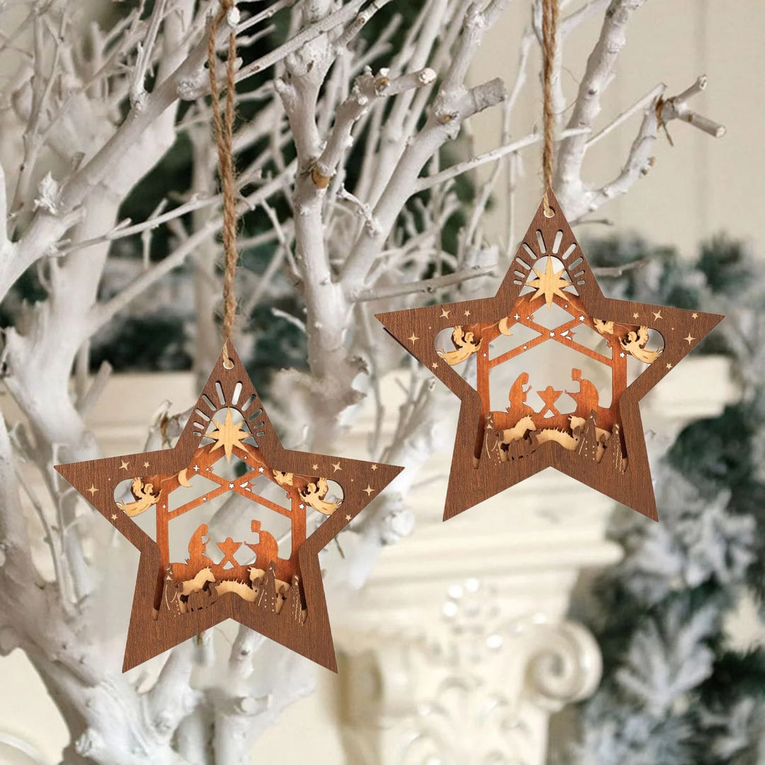 Christianartworkshop Rustic Style Layered Wooden Pendant Five-pointed Star Christmas Nativity Ornaments - image 4