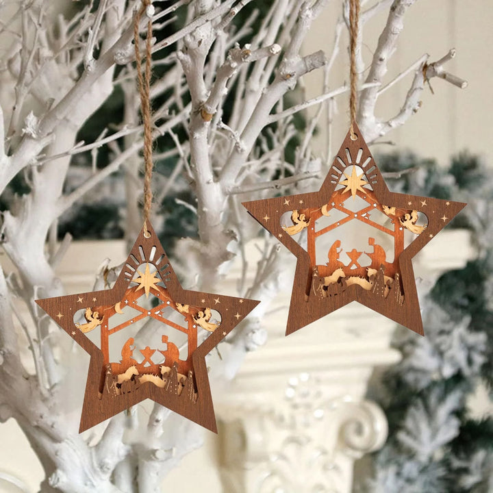 Christianartworkshop Rustic Style Layered Wooden Pendant Five-pointed Star Christmas Nativity Ornaments - image 4