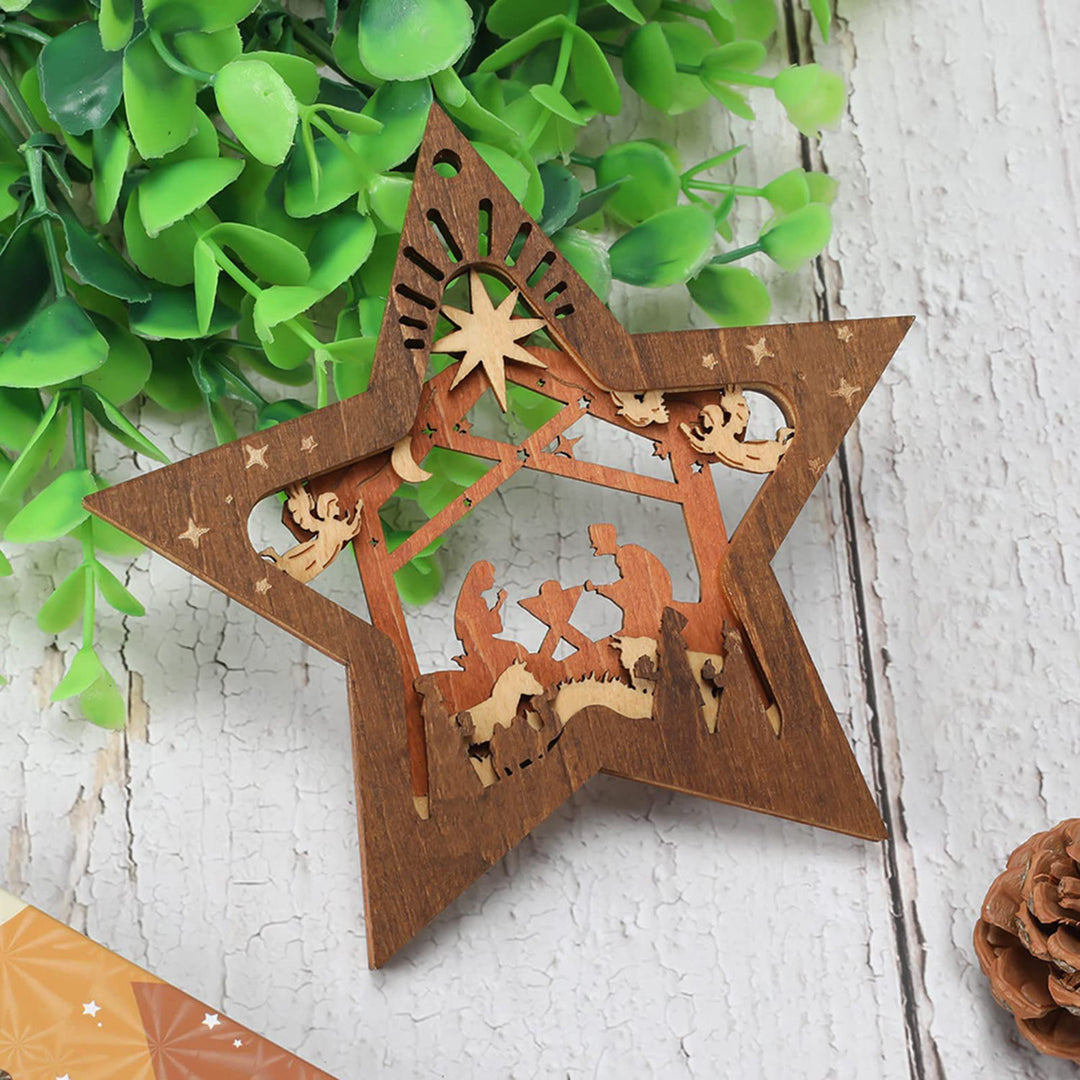 Christianartworkshop Rustic Style Layered Wooden Pendant Five-pointed Star Christmas Nativity Ornaments - image 5