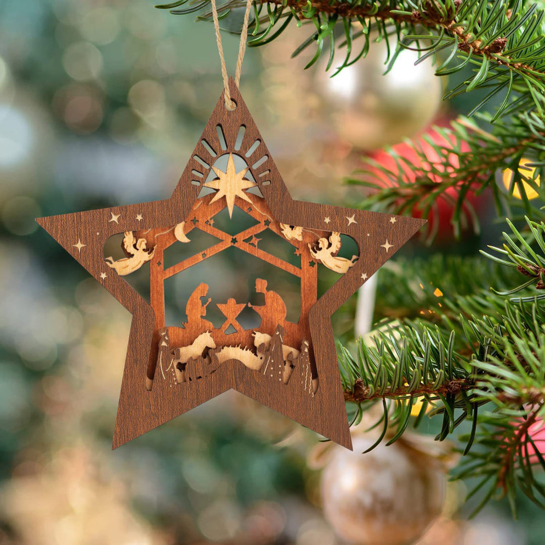 Christianartworkshop Rustic Style Layered Wooden Pendant Five-pointed Star Christmas Nativity Ornaments - Five-pointed Star - image 0