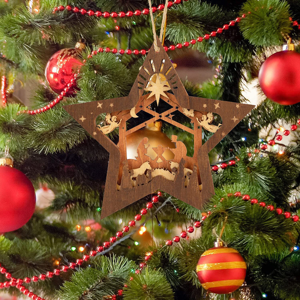 Christianartworkshop Rustic Style Layered Wooden Pendant Five-pointed Star Christmas Nativity Ornaments - image 1