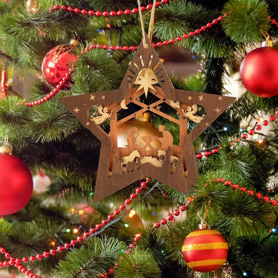 Christianartworkshop Rustic Style Layered Wooden Pendant Five-pointed Star Christmas Nativity Ornaments - image 1