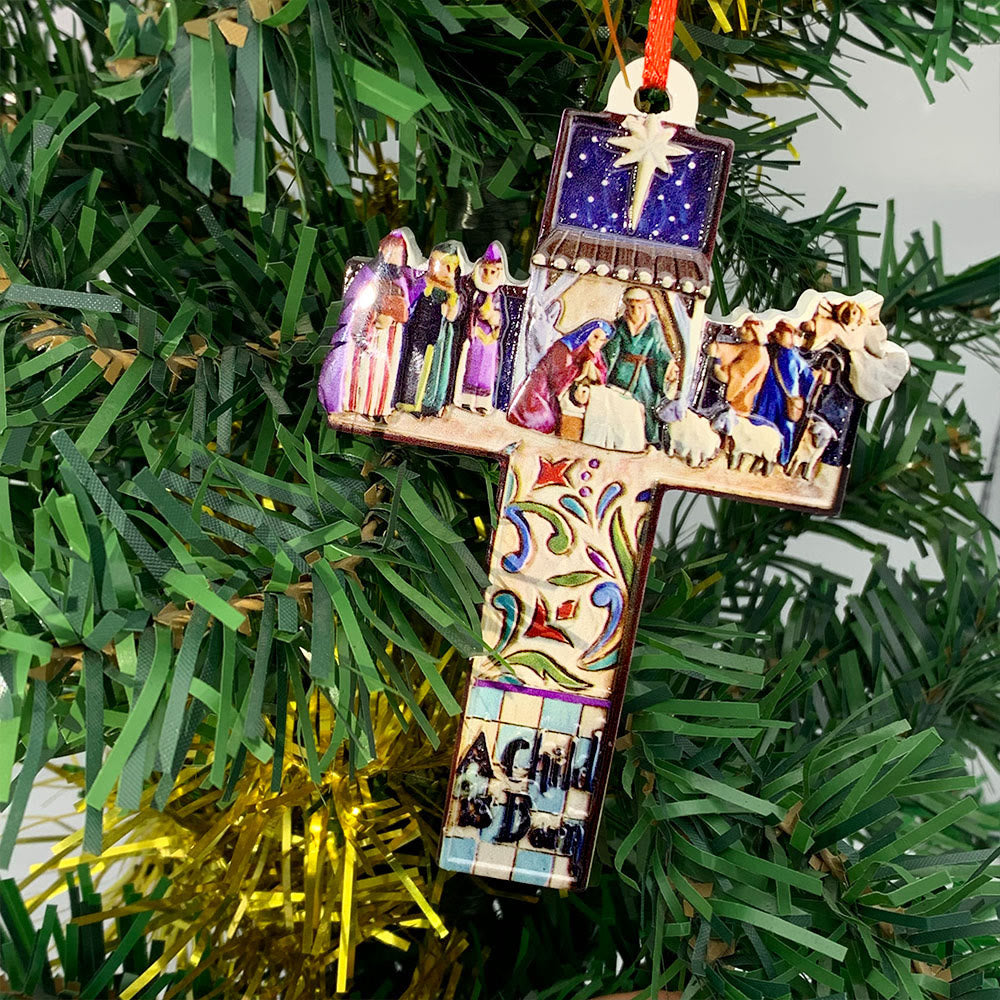 Christianartworkshop Retro Colorful Style Hanging Pendant Jesus Born Cross Christmas Nativity Ornaments - image 1