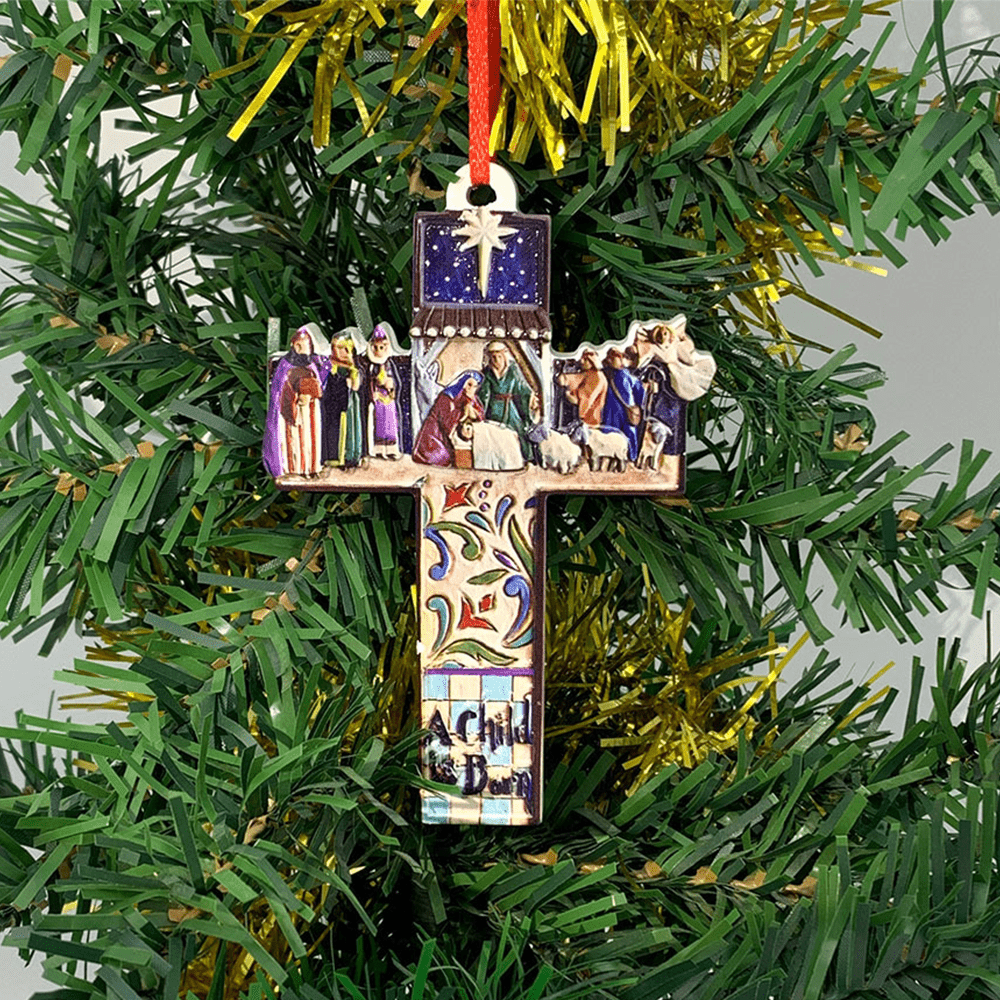 Christianartworkshop Retro Colorful Style Hanging Pendant Jesus Born Cross Christmas Nativity Ornaments - Nativity Scene - image 0