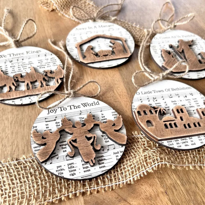 Christianartworkshop 5 Rustic Style Wooden Music Sheet Christmas Nativity Ornaments - image 3