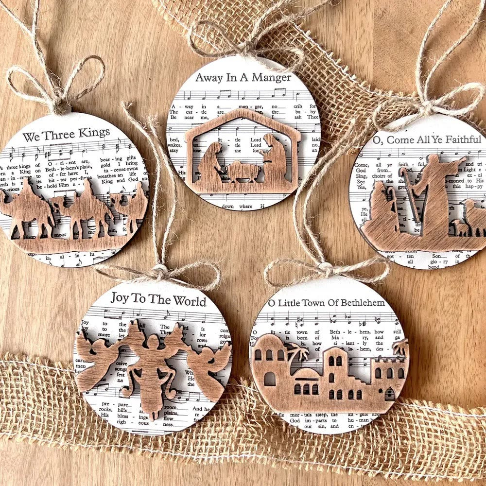 Christianartworkshop 5 Rustic Style Wooden Music Sheet Christmas Nativity Ornaments - image 1