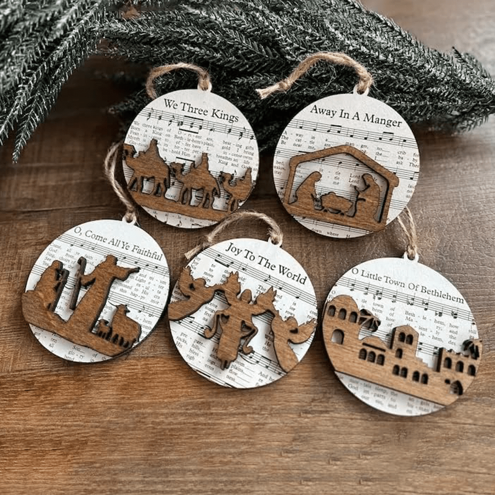 Christianartworkshop 5 Rustic Style Wooden Music Sheet Christmas Nativity Ornaments - image 2