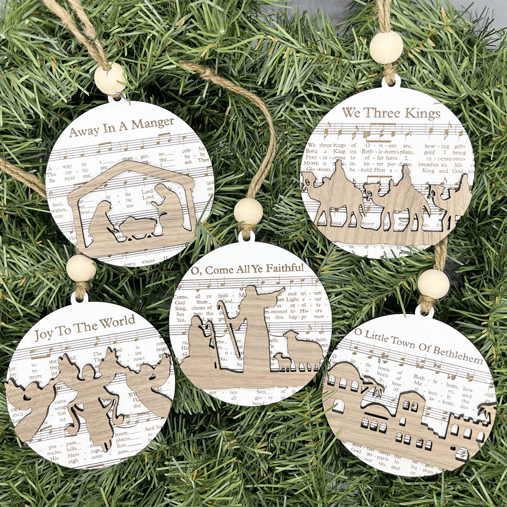 Christianartworkshop 5 Rustic Style Wooden Music Sheet Christmas Nativity Ornaments - 5pcs/set - image 0