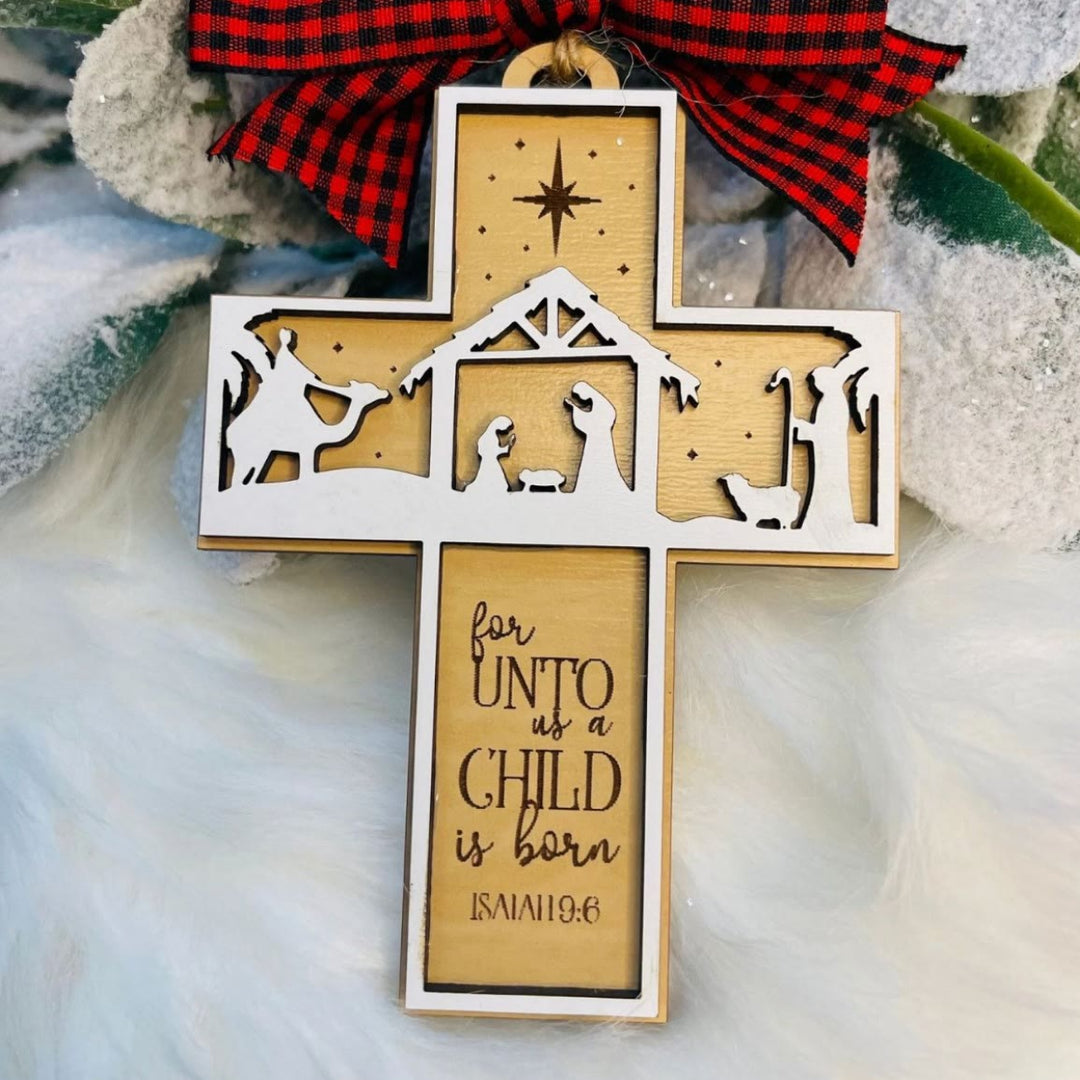 Christianartworkshop Rustic Style Cross Ornaments with Isaiah 9:6 Quote Christmas Nativity Ornaments - Nativity Scene - image 0