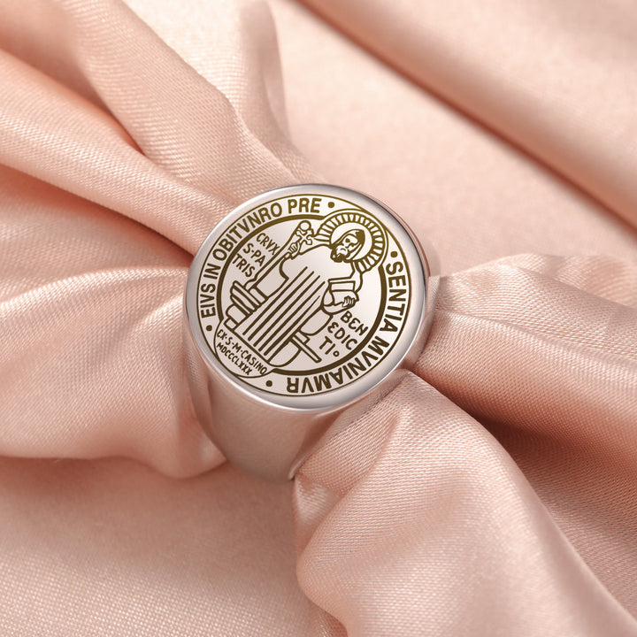 Christianartworkshop Retro-pop Style Engraved St. Benedict's Exorcism Medal Stainless Ring - Silver - US12 - image 2