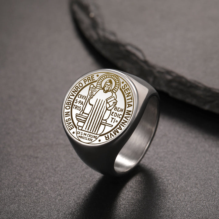 Christianartworkshop Retro-pop Style Engraved St. Benedict's Exorcism Medal Stainless Ring - image 2