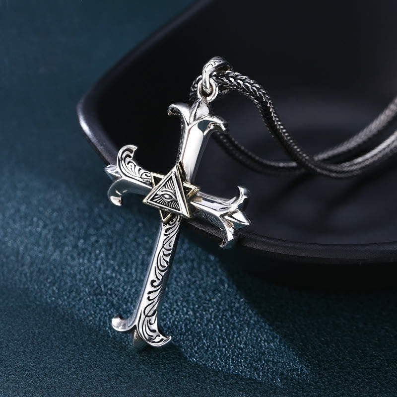 Christianartworkshop Fashion Sober Style Cross of God's Eye Square Pearl Chain Pendant Necklace - Silver - image 1