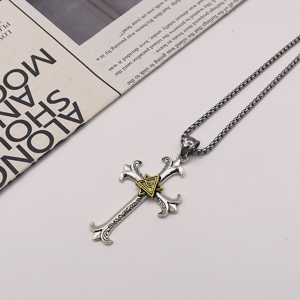 Christianartworkshop Fashion Sober Style Cross of God's Eye Square Pearl Chain Pendant Necklace - Golden - image 7