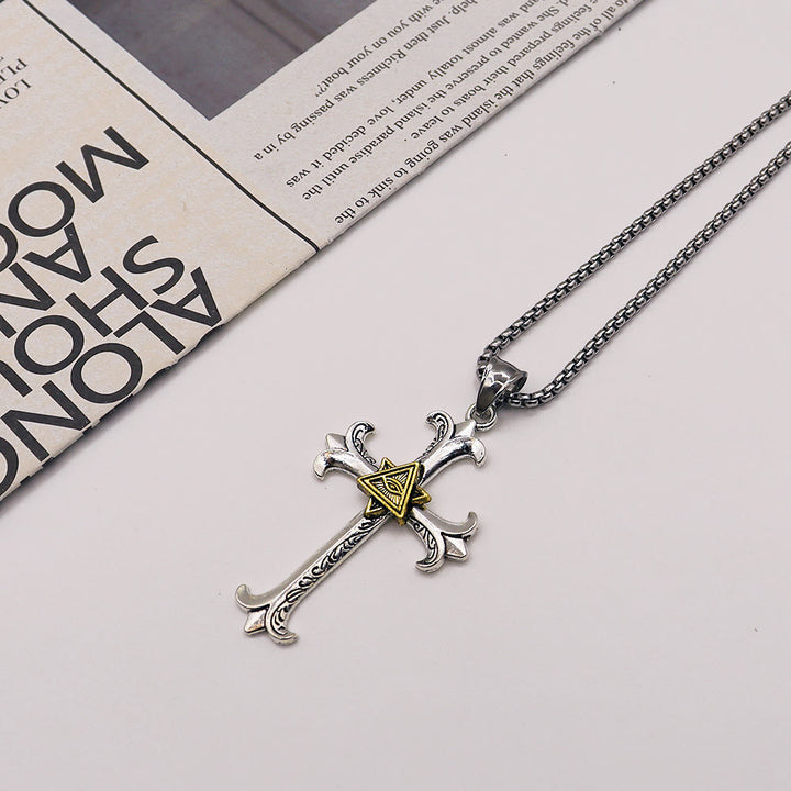Christianartworkshop Fashion Sober Style Cross of God's Eye Square Pearl Chain Pendant Necklace - Golden - image 7