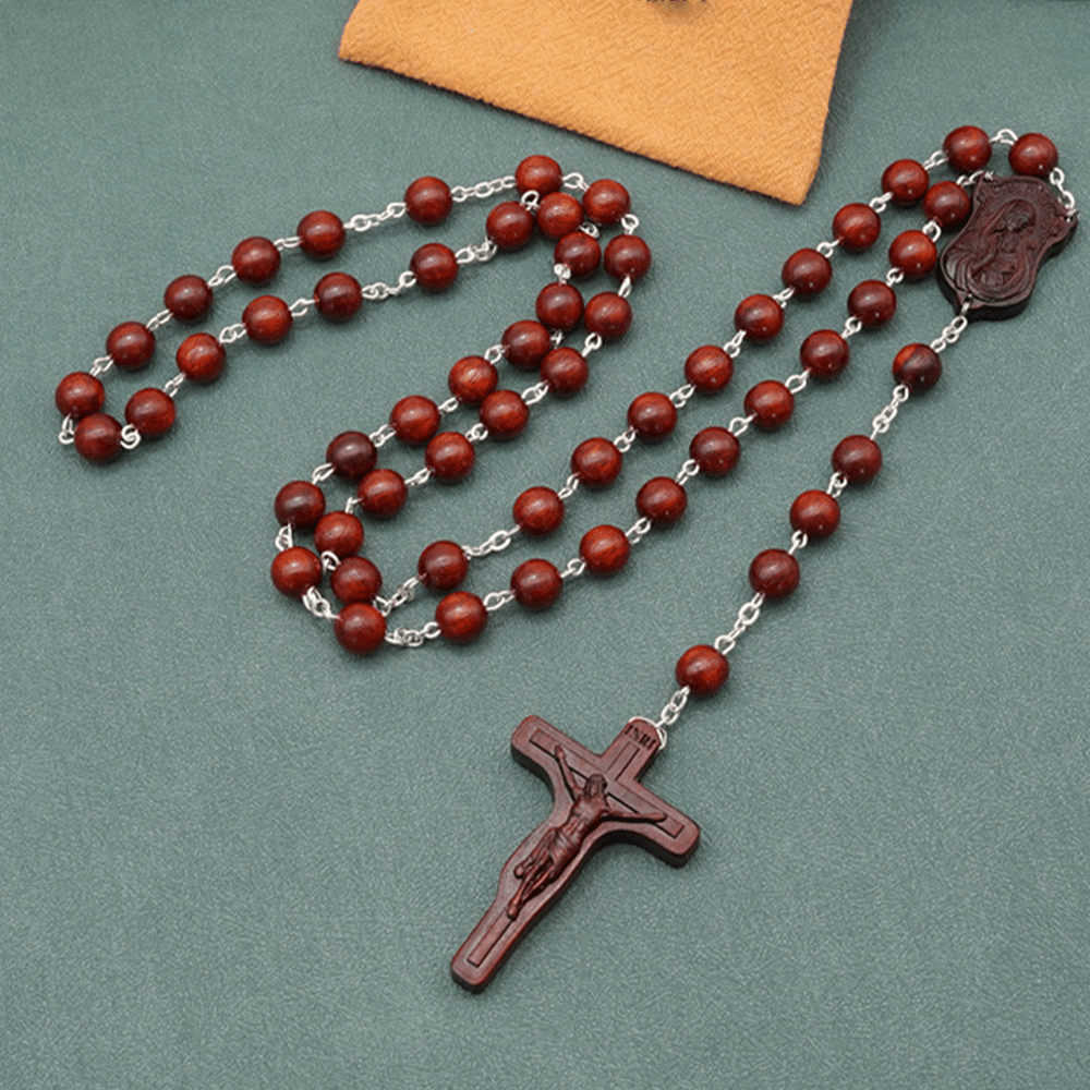 Christianartworkshop Madonna and Child & Crucifix of 8 mm Round Multicolor Olive Wood Alloy Chain Rosary - Rosewood--8mm - image 1