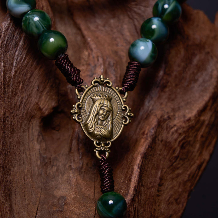 Christianartworkshop Our Lady of Guadalupe & Crucifix of 10 mm Round Green Agate Nylon Cord Rosary - image 5