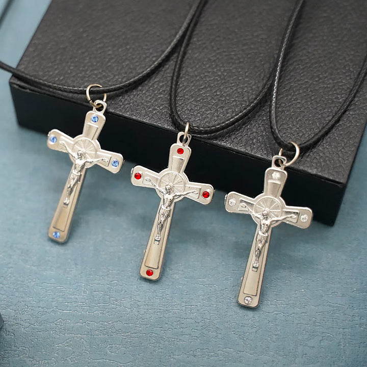 Christianartworkshop Retro Claasic Style Crucifix with Colorful Gemstone Pendant Necklace - Red - image 1