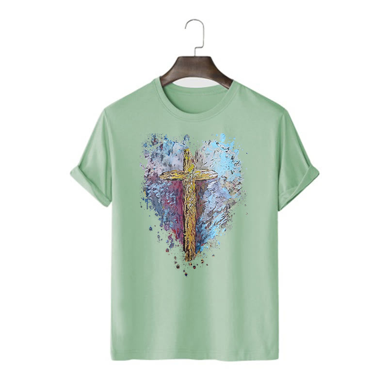 Christianartworkshop Classic Style Cross my Heart Short Sleeve T-shirt - Light Green - 2XL - image 11