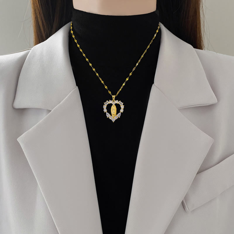 Christianartworkshop Luxury Style Heart-shaped Gemstone Encrusted Our Lady of Guadalupe Pendant Necklace - image 2