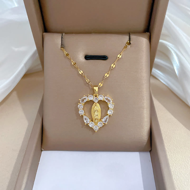 Christianartworkshop Luxury Style Heart-shaped Gemstone Encrusted Our Lady of Guadalupe Pendant Necklace - image 1