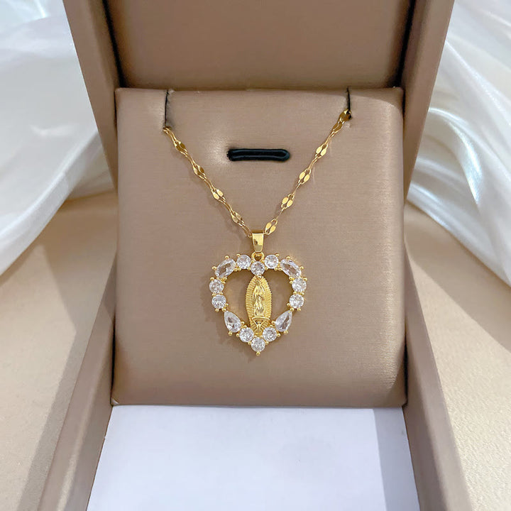 Christianartworkshop Luxury Style Heart-shaped Gemstone Encrusted Our Lady of Guadalupe Pendant Necklace - image 1
