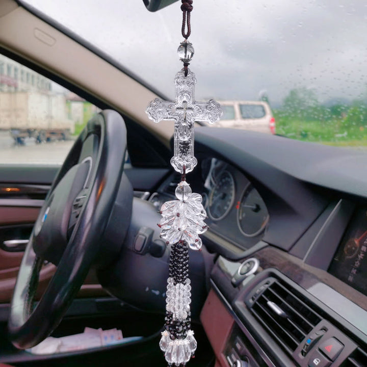 Christianartworkshop Modern Style Car Pendant Crafted Crucifix Crystal Tassels Car Hanging Ornaments  - Clear Bead Pendant - image 11