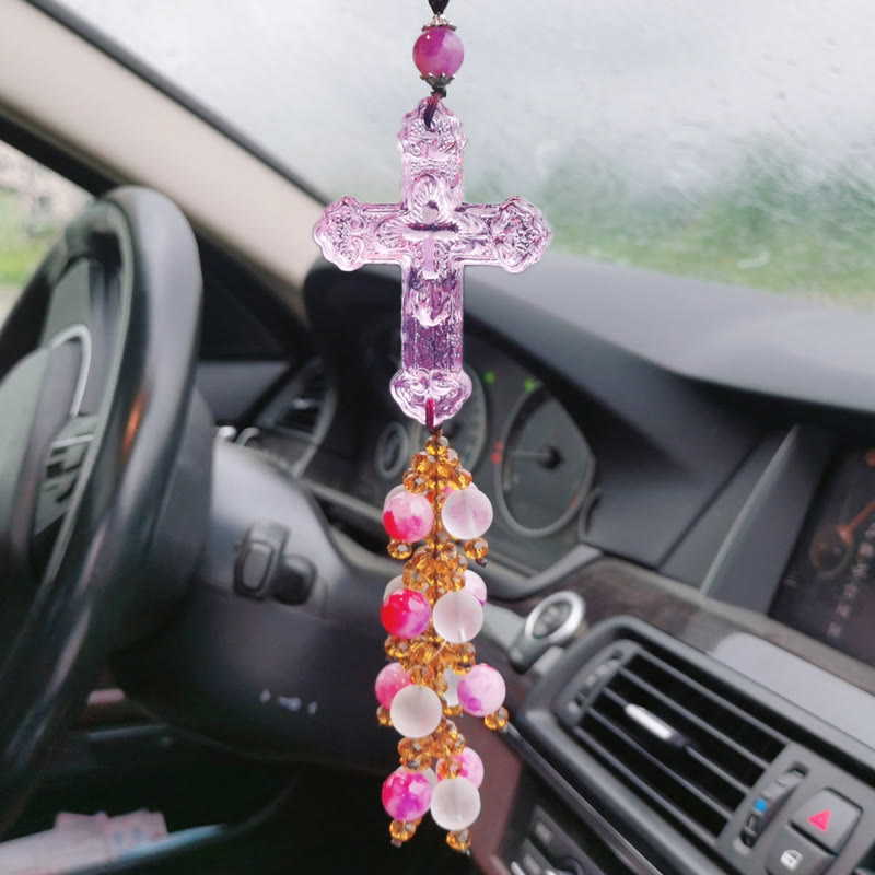 Christianartworkshop Modern Style Car Pendant Crafted Crucifix Crystal Tassels Car Hanging Ornaments  - Pink Bead Pendant - image 9