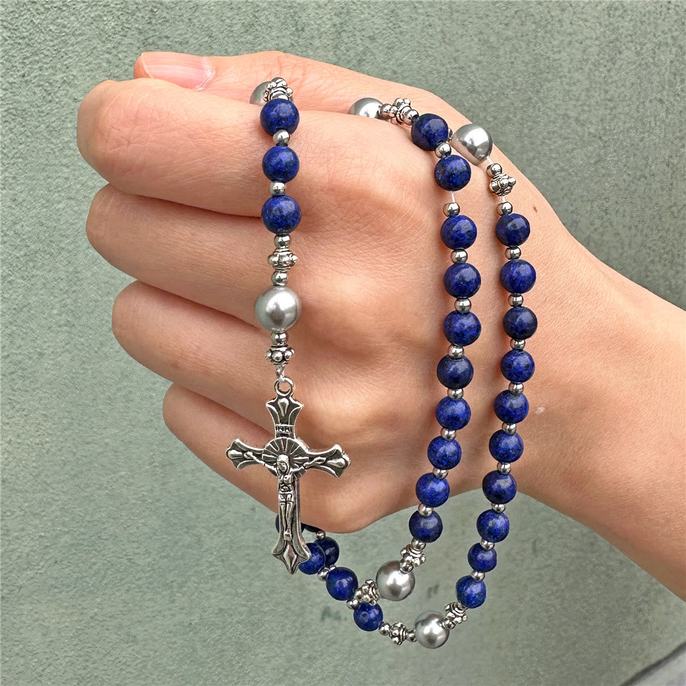 Christianartworkshop Natural Stone & Pearl Miraculous Medal Prayer Rosary - Royal Blue - image 1