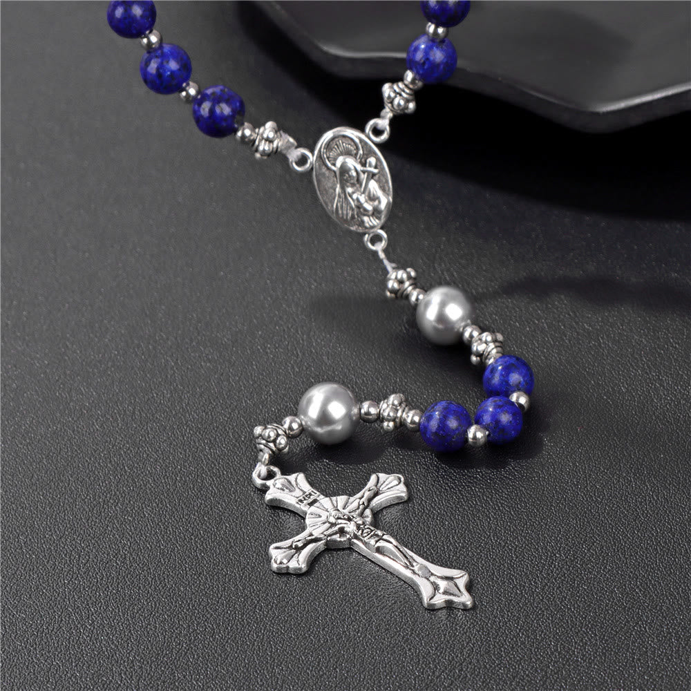 Christianartworkshop Natural Stone & Pearl Our Lady Medal Prayer Rosary - image 3