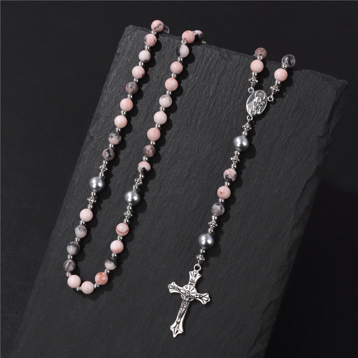 Christianartworkshop Natural Stone & Pearl Our Lady Medal Prayer Rosary - image 7