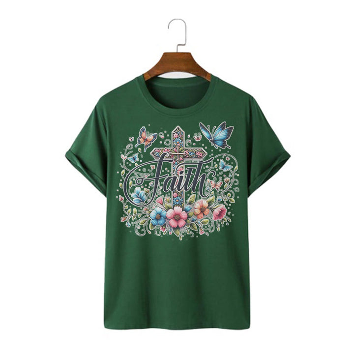 Christianartworkshop Bohemian Style Flowers and Cross Short Sleeve T-shirt - Dark Green - 2XL - image 12