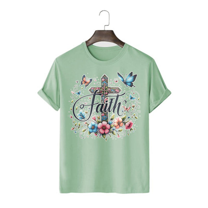 Christianartworkshop Bohemian Style Flowers and Cross Short Sleeve T-shirt - Light Green - 2XL - image 14