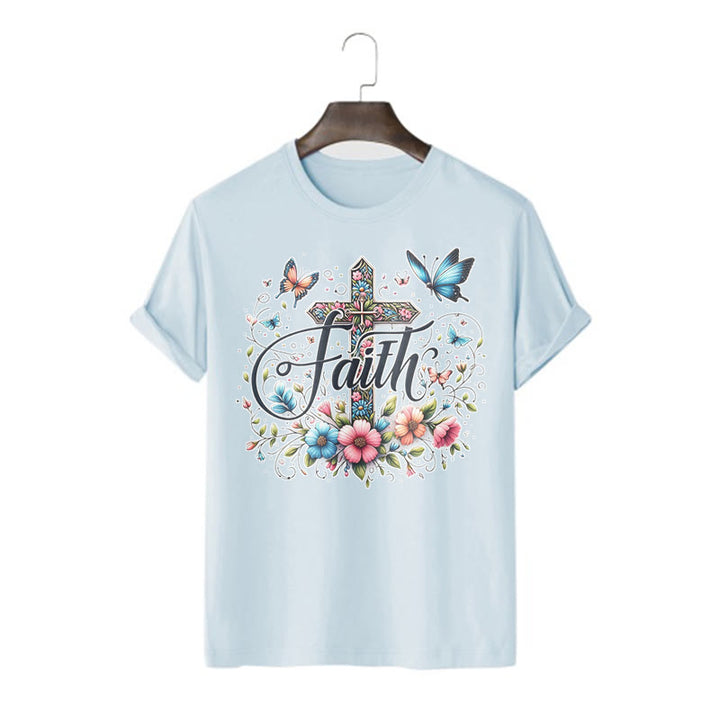 Christianartworkshop Bohemian Style Flowers and Cross Short Sleeve T-shirt - Blue - 2XL - image 17