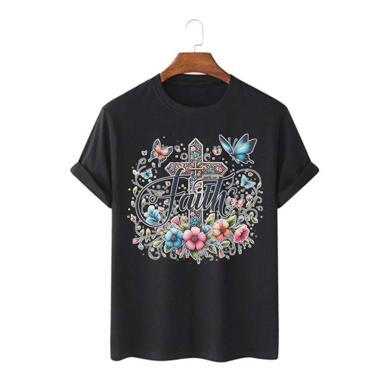 Christianartworkshop Bohemian Style Flowers and Cross Short Sleeve T-shirt - Black - 2XL - image 5