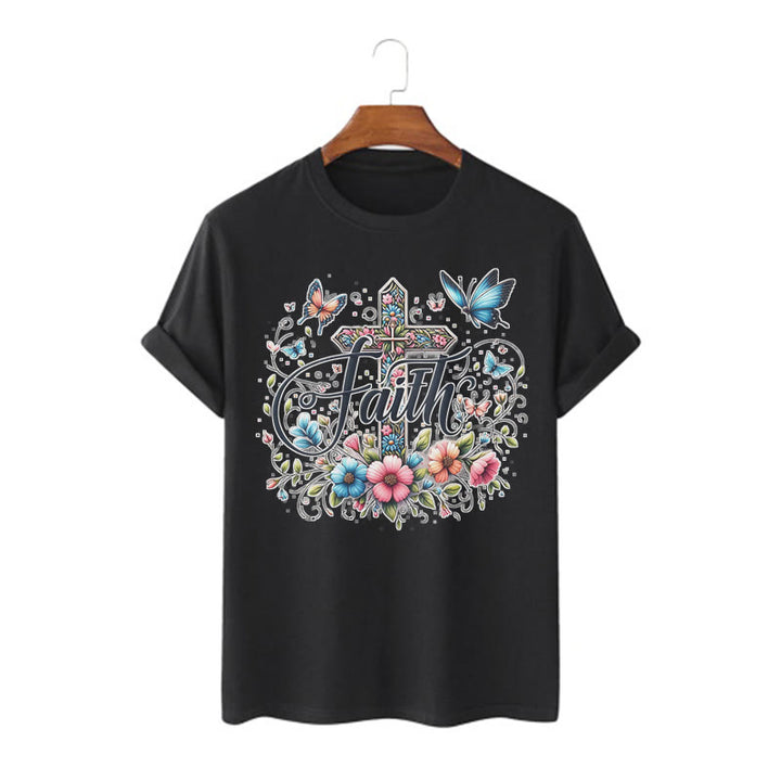 Christianartworkshop Bohemian Style Flowers and Cross Short Sleeve T-shirt - Black - 2XL - image 5