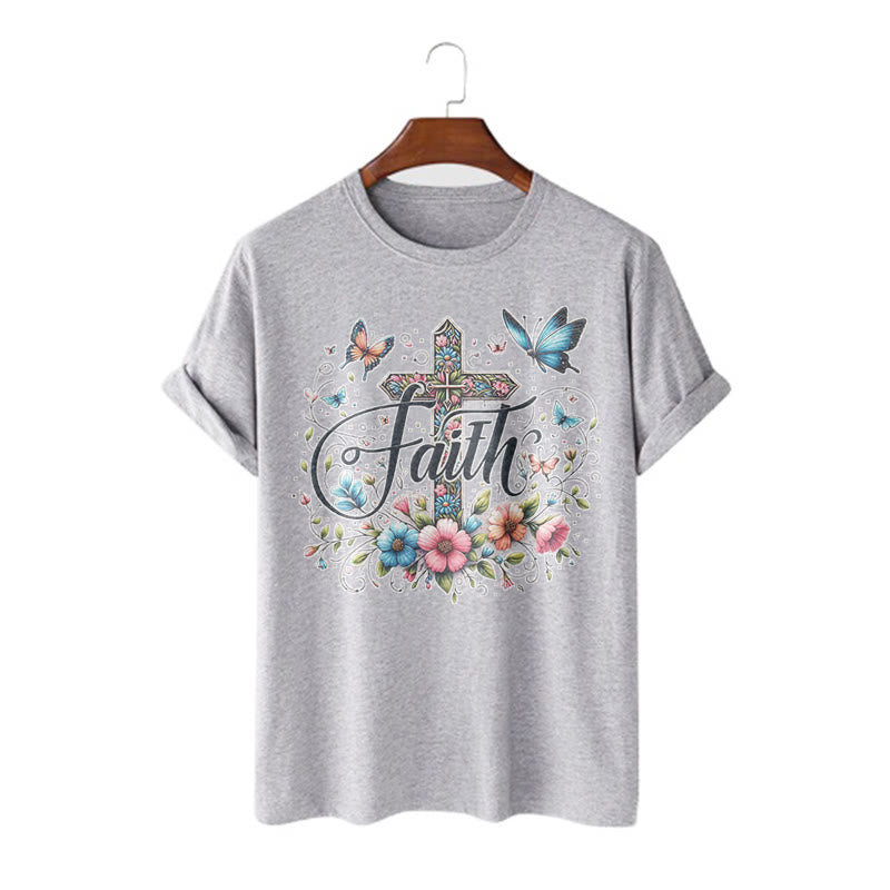 Christianartworkshop Bohemian Style Flowers and Cross Short Sleeve T-shirt - Grey - 2XL - image 19