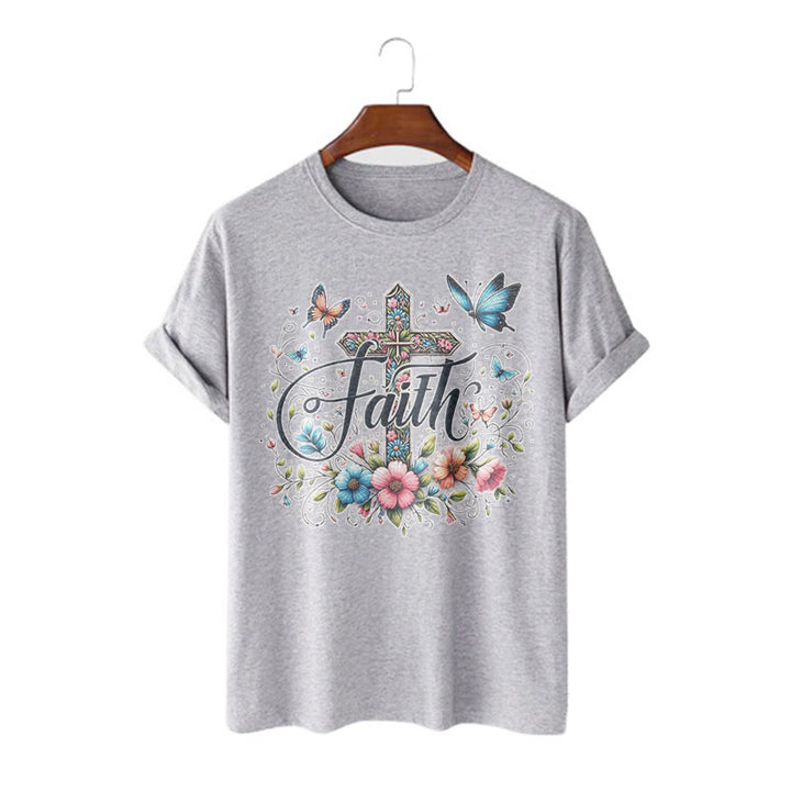 Christianartworkshop Bohemian Style Flowers and Cross Short Sleeve T-shirt - Grey - 2XL - image 19