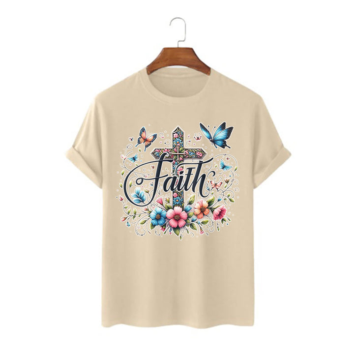 Christianartworkshop Bohemian Style Flowers and Cross Short Sleeve T-shirt - Khaki - 2XL - image 10