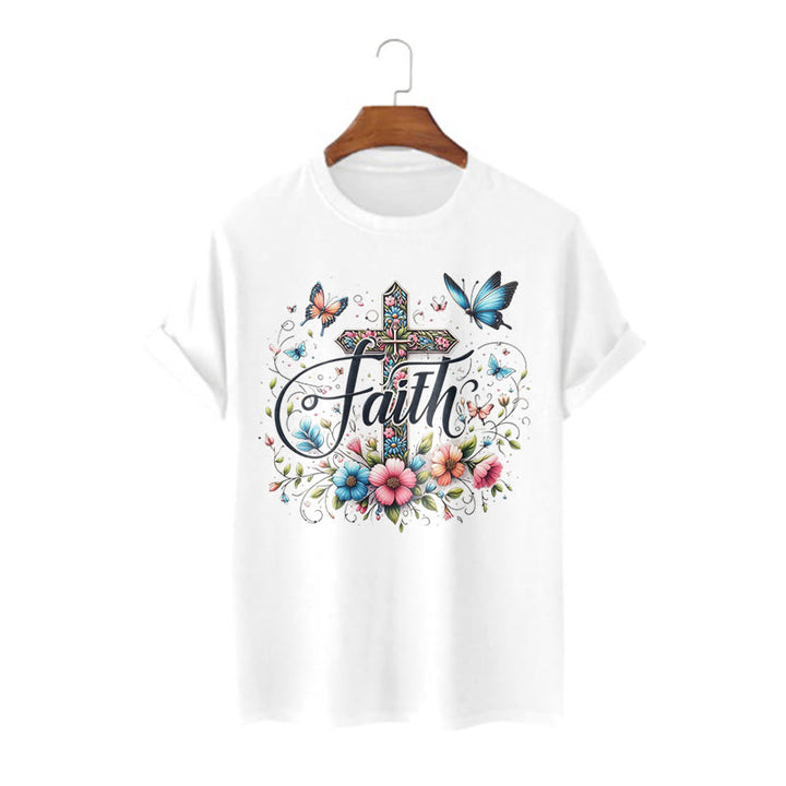 Christianartworkshop Bohemian Style Flowers and Cross Short Sleeve T-shirt - White - 2XL - image 3