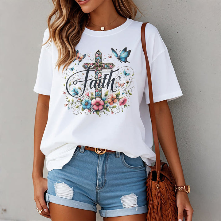 Christianartworkshop Bohemian Style Flowers and Cross Short Sleeve T-shirt - image 3