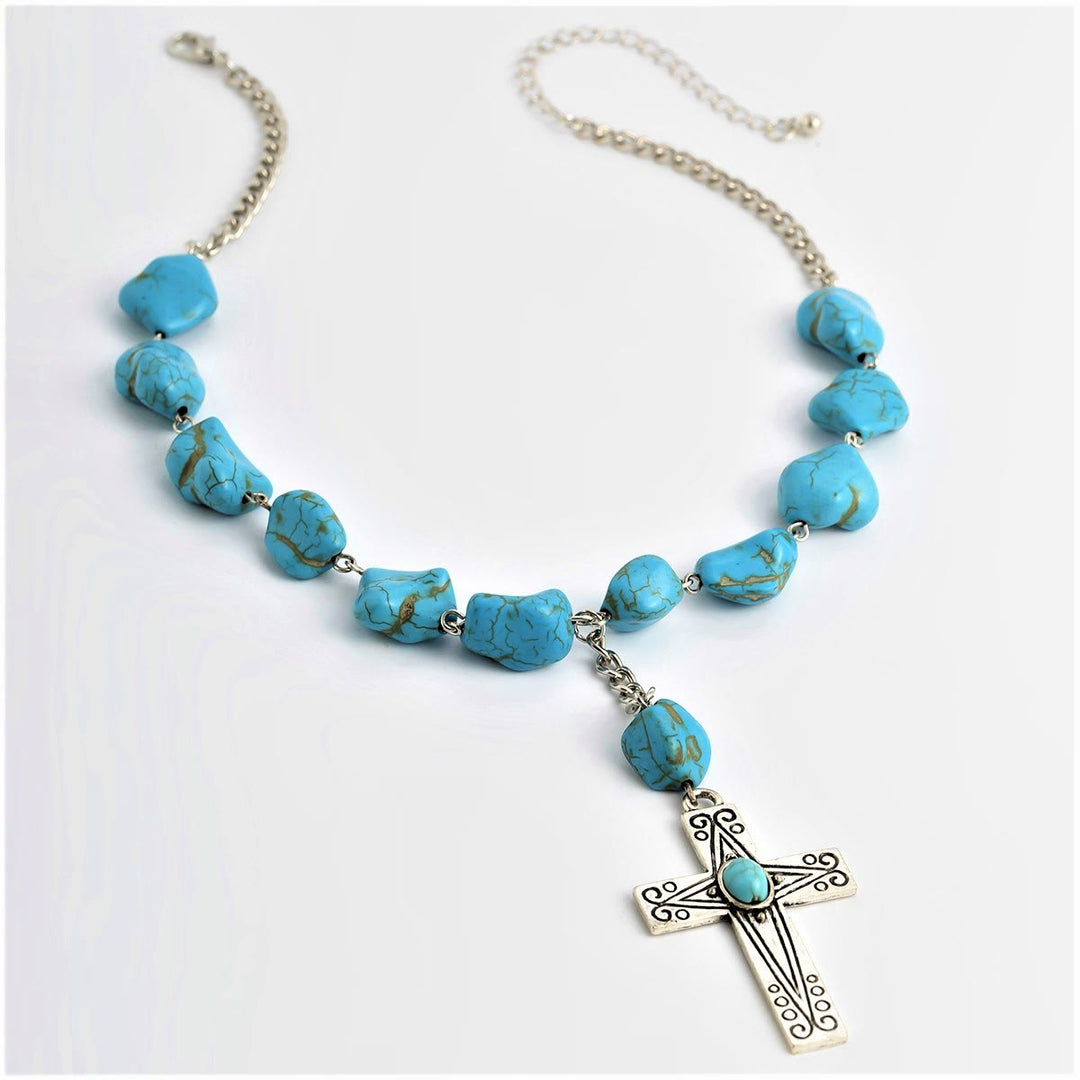 Christianartworkshop Retro Style Turquoise Natural Stone Cross Pendant Necklace - image 3