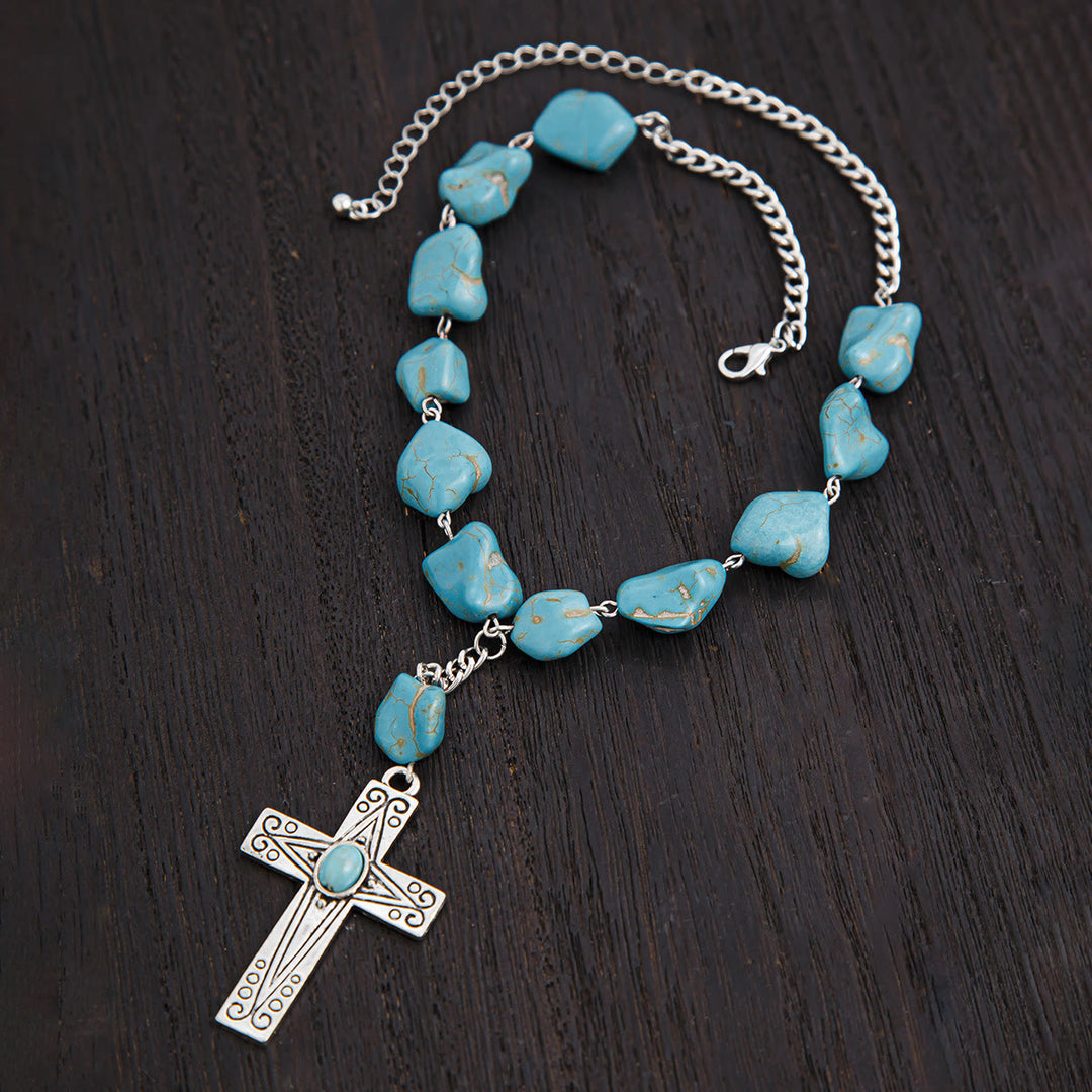 Christianartworkshop Retro Style Turquoise Natural Stone Cross Pendant Necklace - image 4