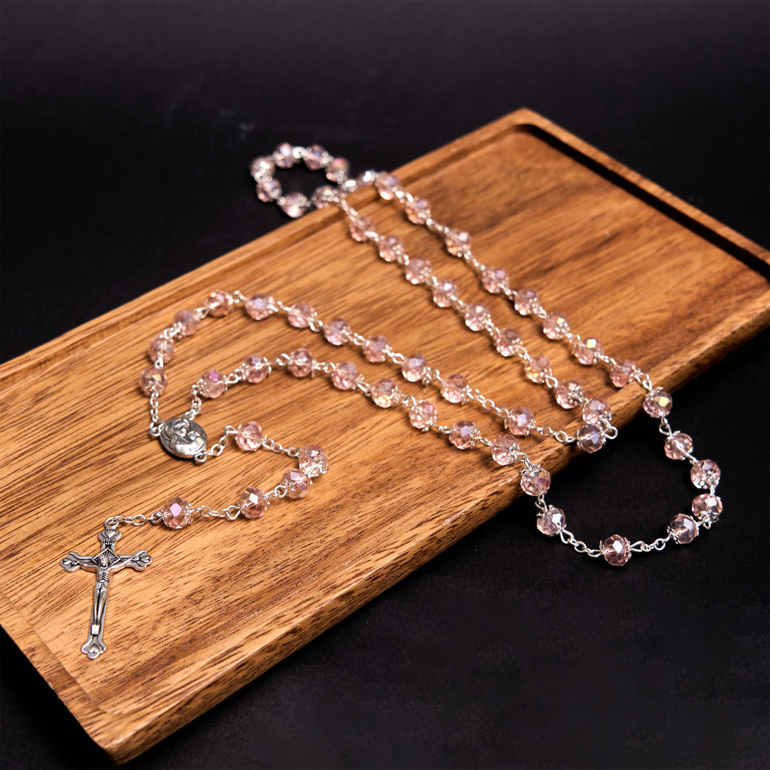 Christianartworkshop Madonna and Child & Crucifix of 6 mm Polyhedron Multicolor Crystal Alloy Chain Rosary - Pink - image 3