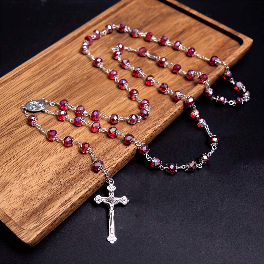 Christianartworkshop Madonna and Child & Crucifix of 6 mm Polyhedron Multicolor Crystal Alloy Chain Rosary - Red - image 1