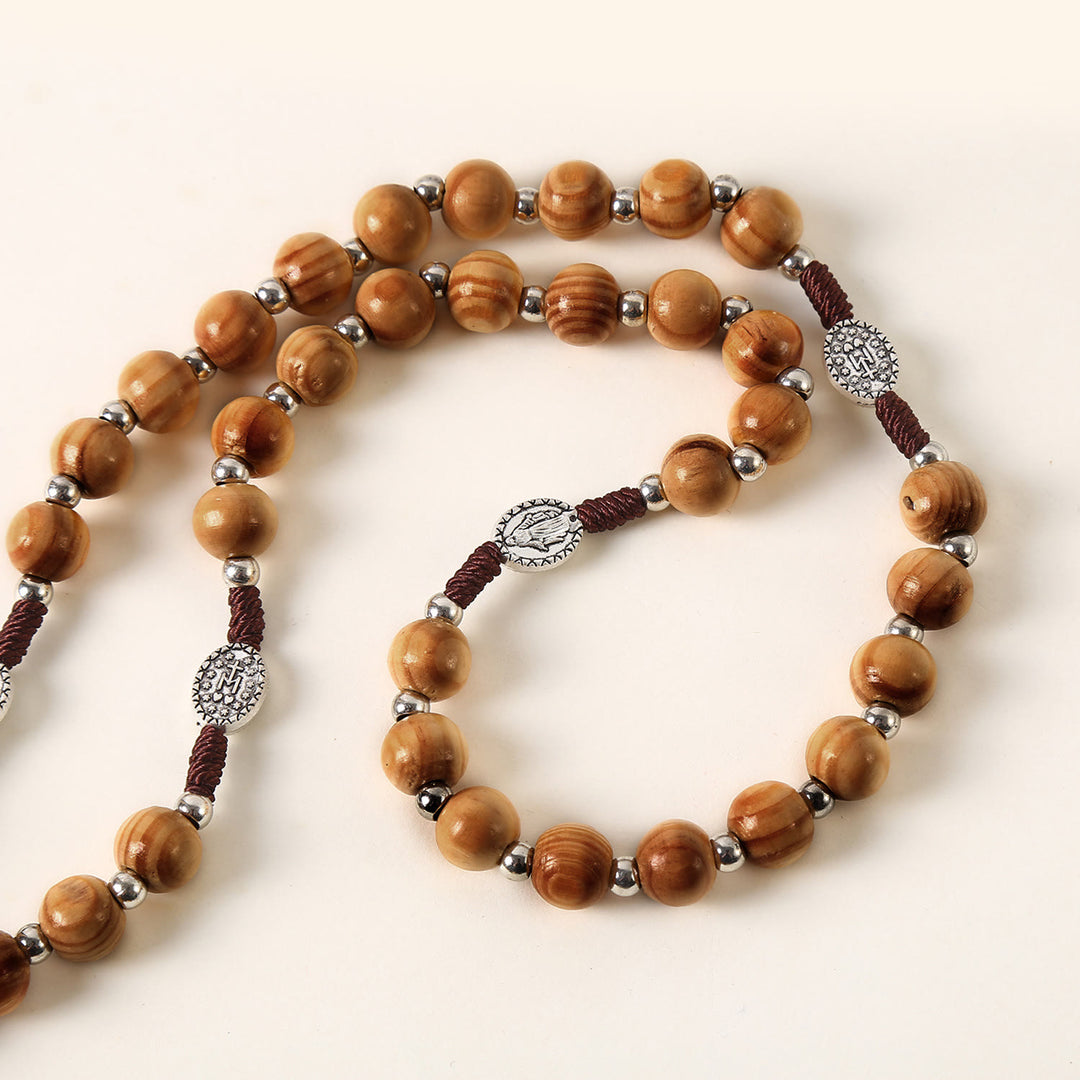 Christianartworkshop Miraculous Medal & St. Benedict Medal & Crucifix of 10 mm Round Brown Wood Nylon Cord Rosary - image 7