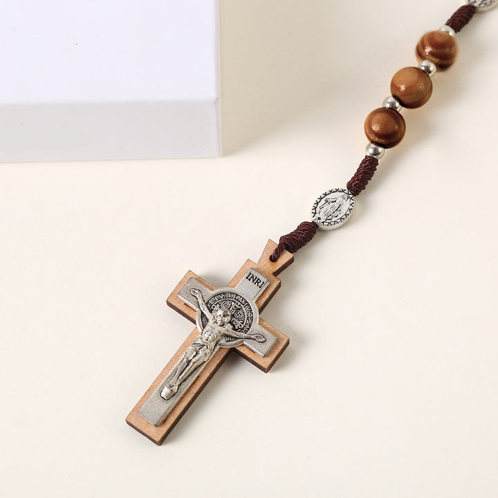 Christianartworkshop Miraculous Medal & St. Benedict Medal & Crucifix of 10 mm Round Brown Wood Nylon Cord Rosary - image 4