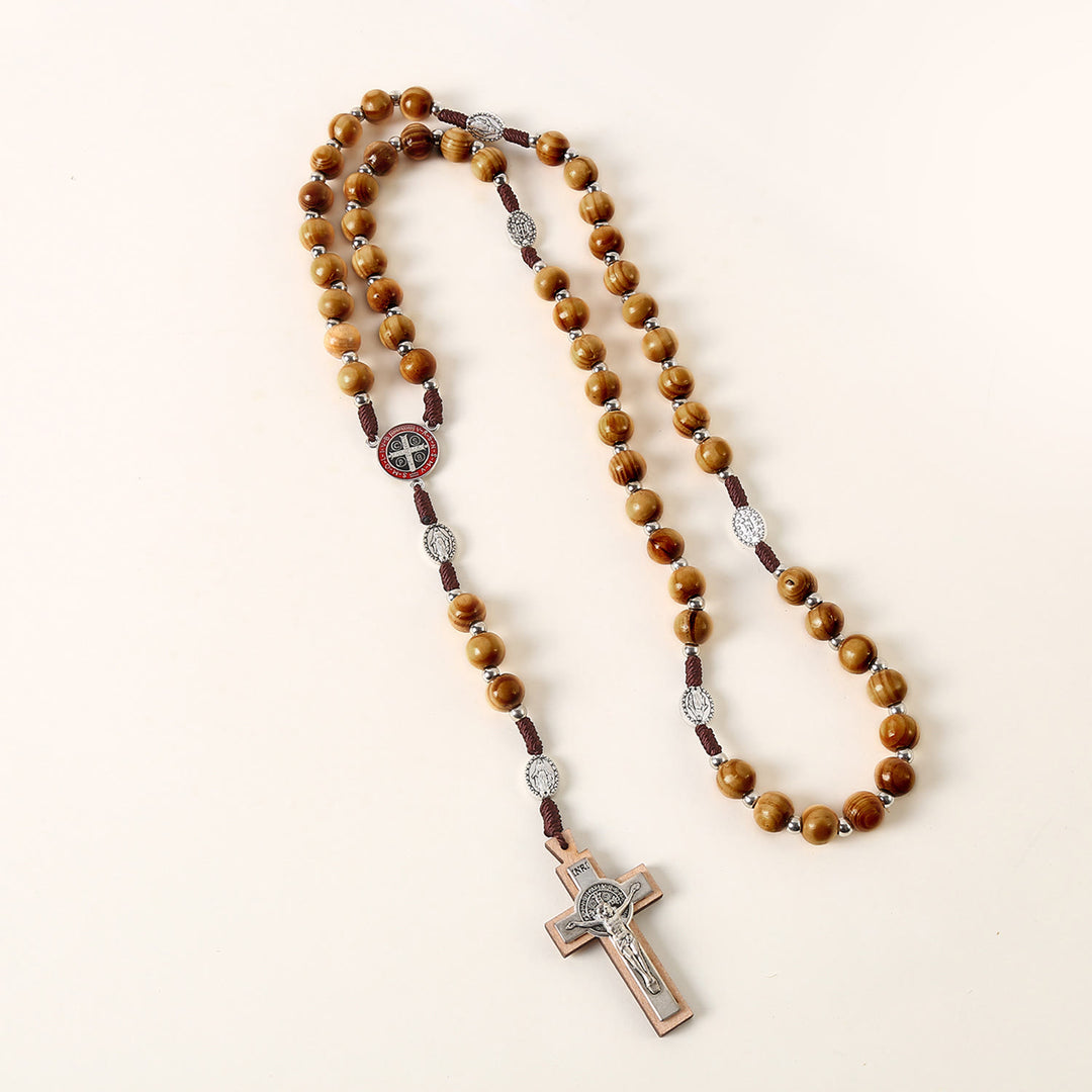 Christianartworkshop Miraculous Medal & St. Benedict Medal & Crucifix of 10 mm Round Brown Wood Nylon Cord Rosary - image 3